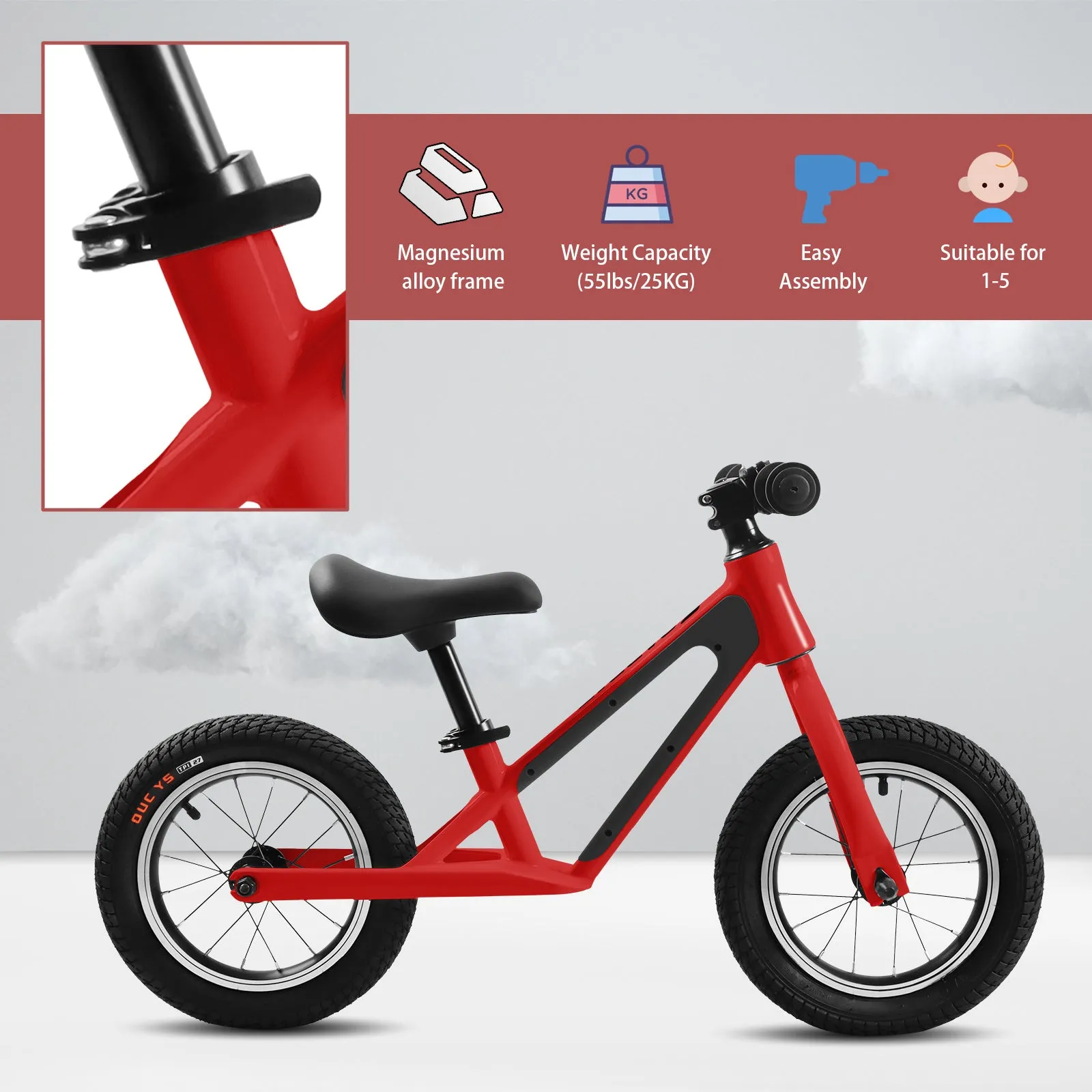 ECARPAT Balance Bike, Magnesium Alloy Frame Toddler Bike,Lightweight Sport Training Bicycle with 12" Rubber Foam Tires,Adjustable Seat for Kids Ages 1-5 Years Old.