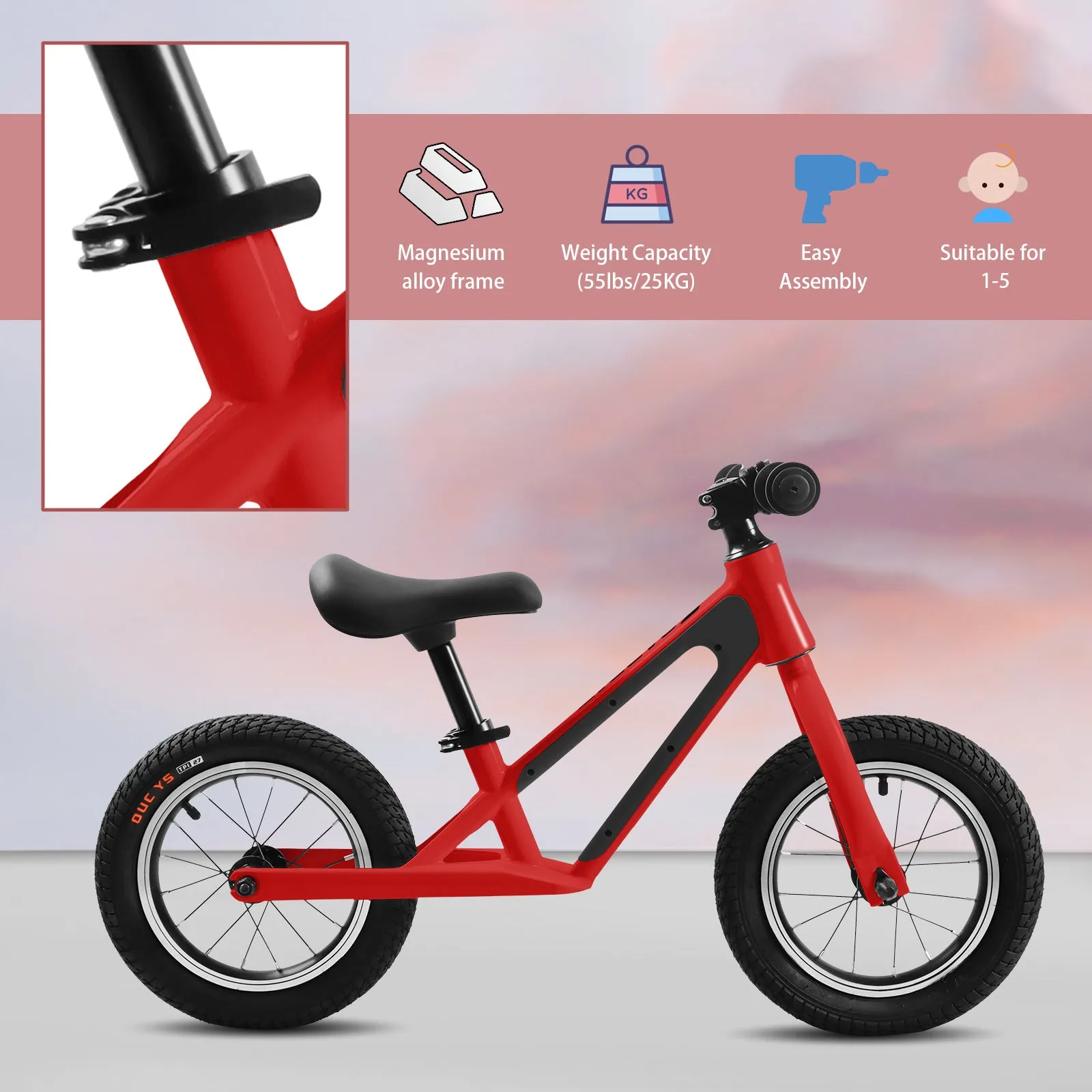 ECARPAT Balance Bike, Magnesium Alloy Frame Toddler Bike,Lightweight Sport Training Bicycle with 12" Rubber Foam Tires,Adjustable Seat for Kids Ages 1-5 Years Old.