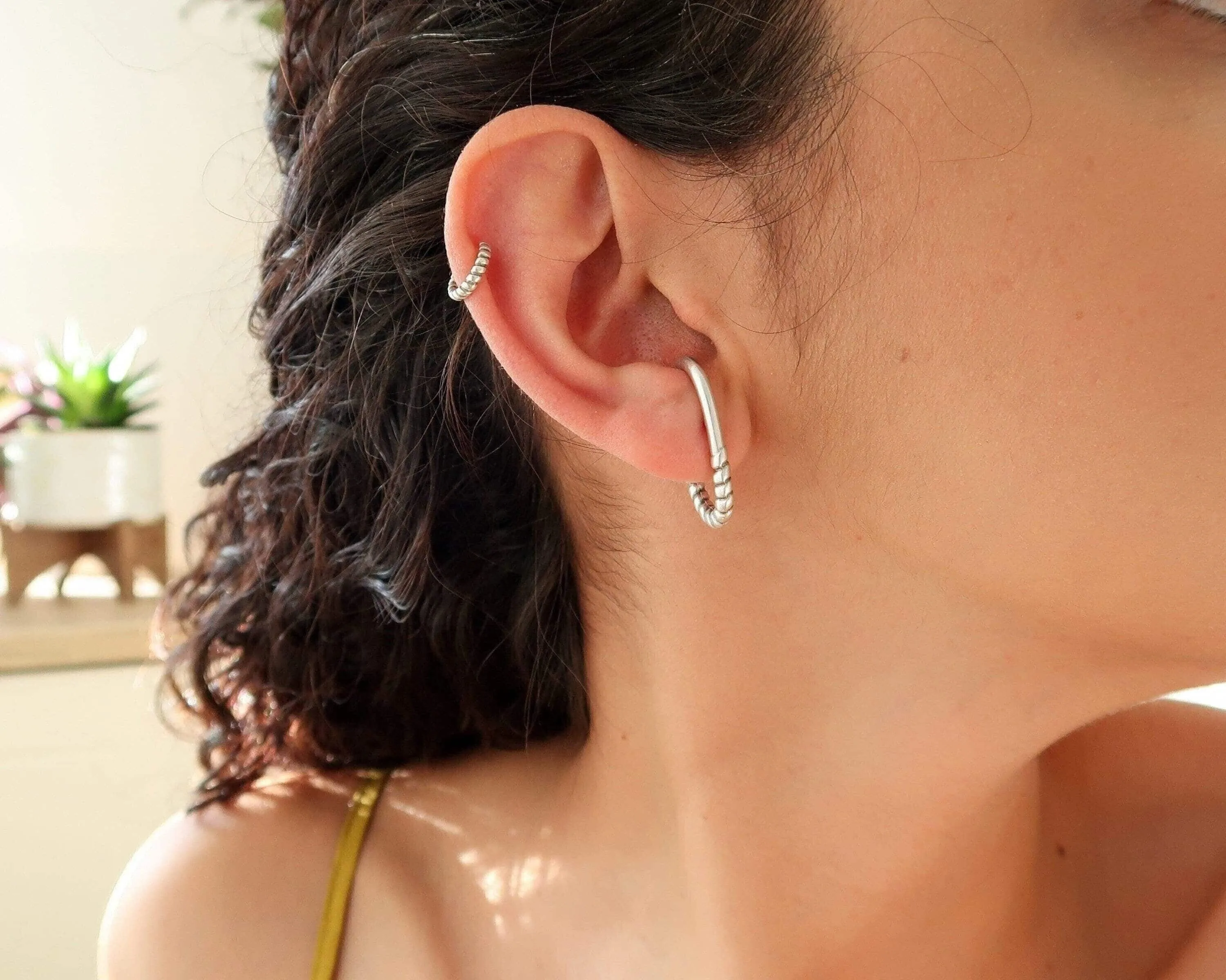 Single Silver Long Lobe Hugger Earring