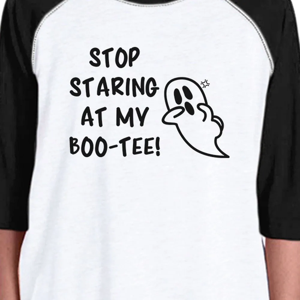 Stop Staring At My Boo-Tee Ghost Kids Black And White BaseBall Shirt